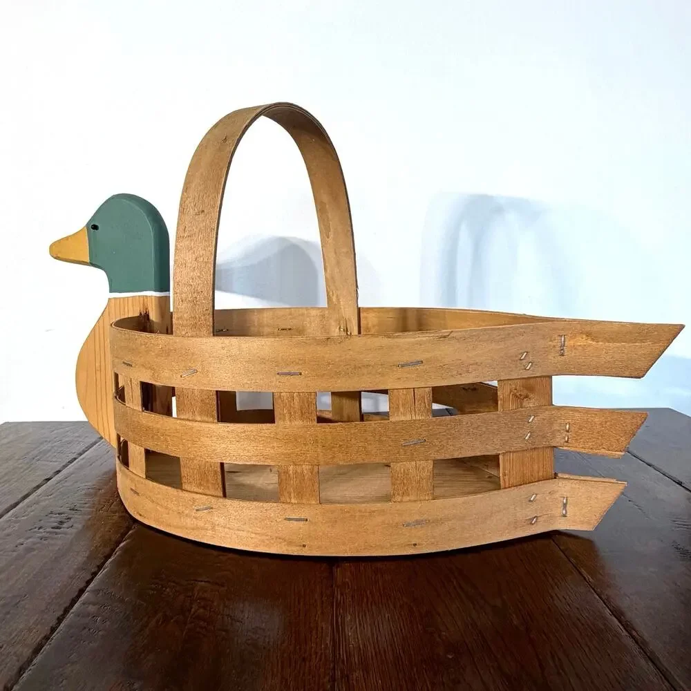 Vintage Wood & Woven Slat Mallard Duck Handled Basket | Rustic Country Basket